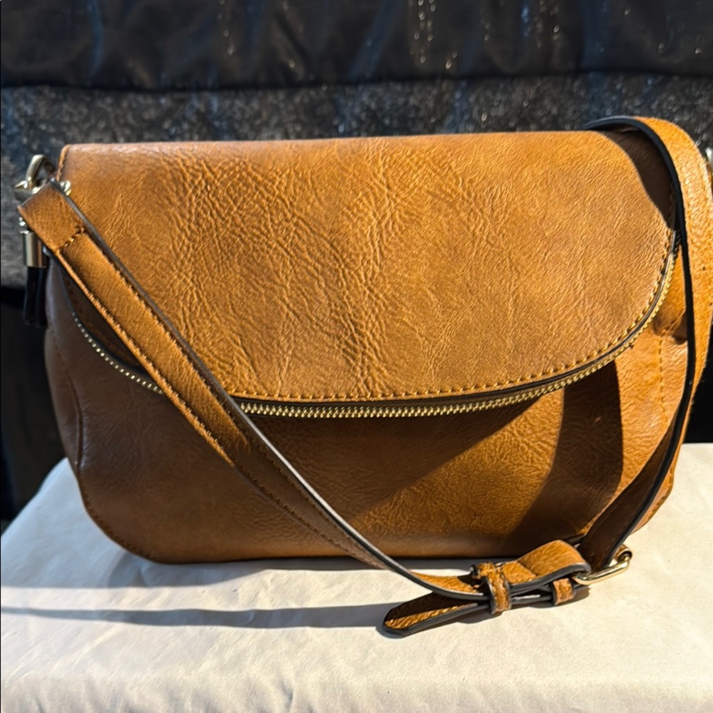 Madison West Tan Crossbody Bag with Flap Design